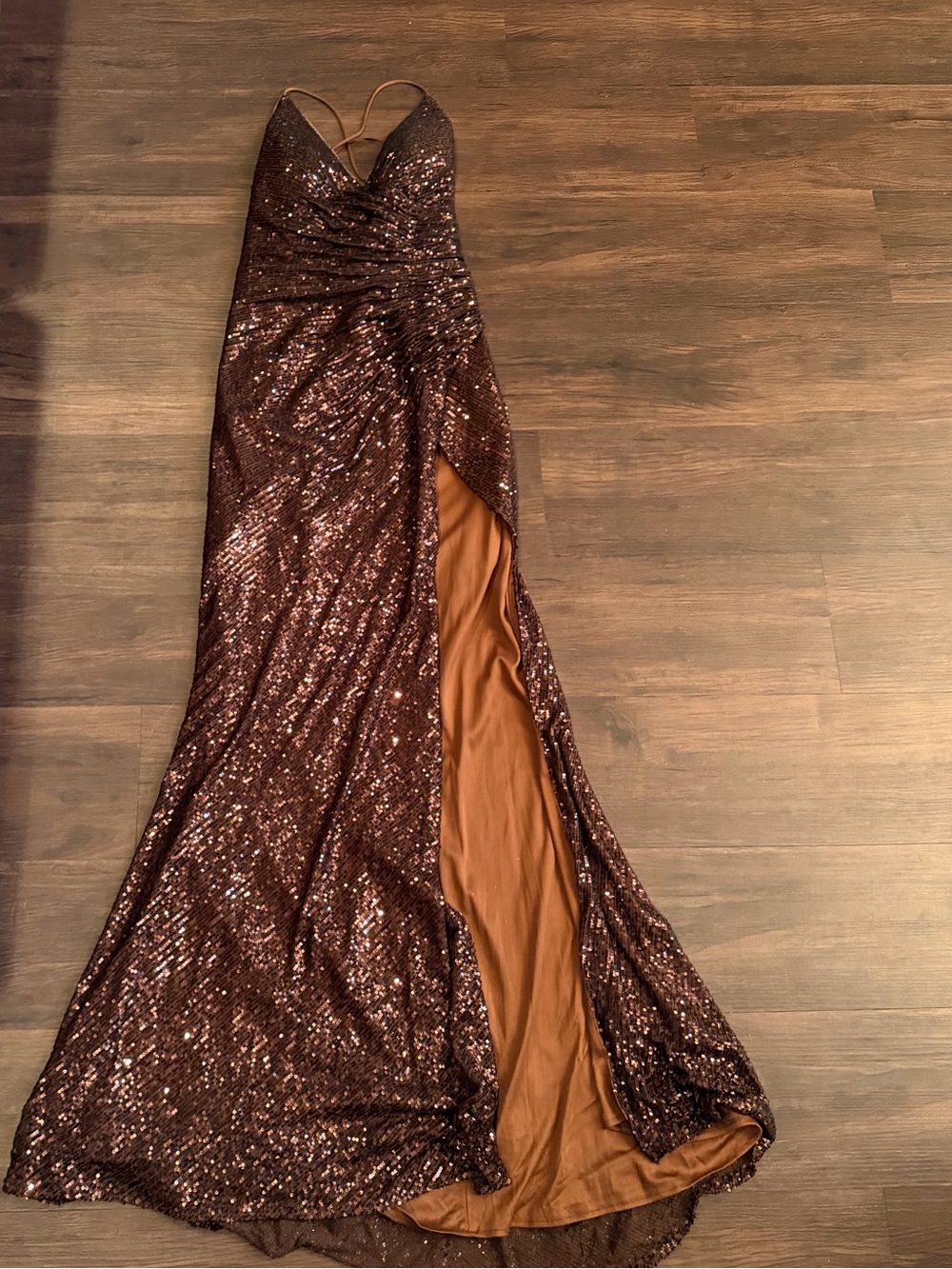 Sequin V-Neck Evening Gown in Brown